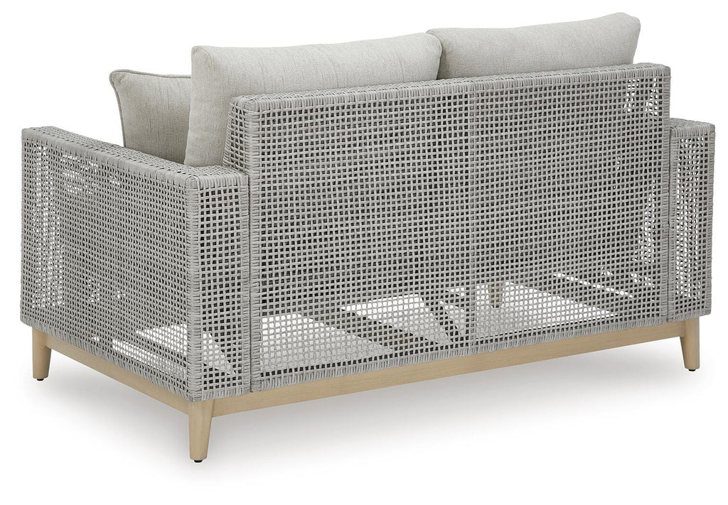 Seton Creek Outdoor Loveseat with Cushion in Gray, back view