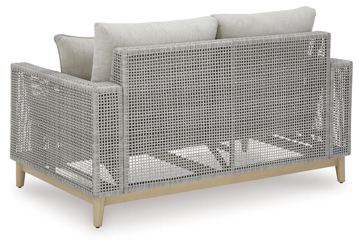 Seton Creek Outdoor Loveseat with Cushion in Gray, back view