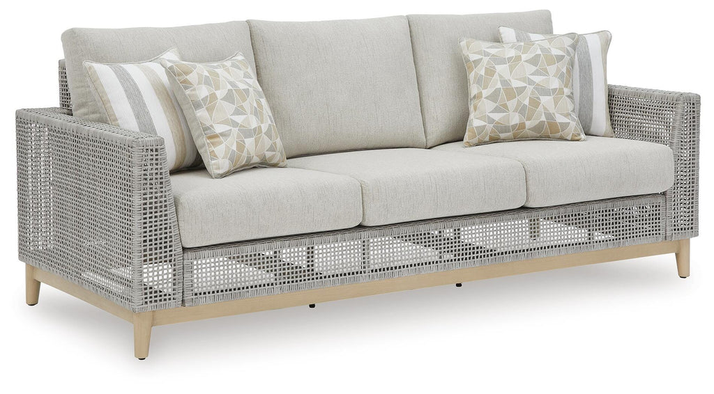 Seton Creek Outdoor Sofa with Cushion in Gray, angle view