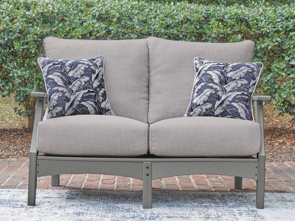 Cove Beach Outdoor Loveseat with Cushion in Gray, lifestyle view