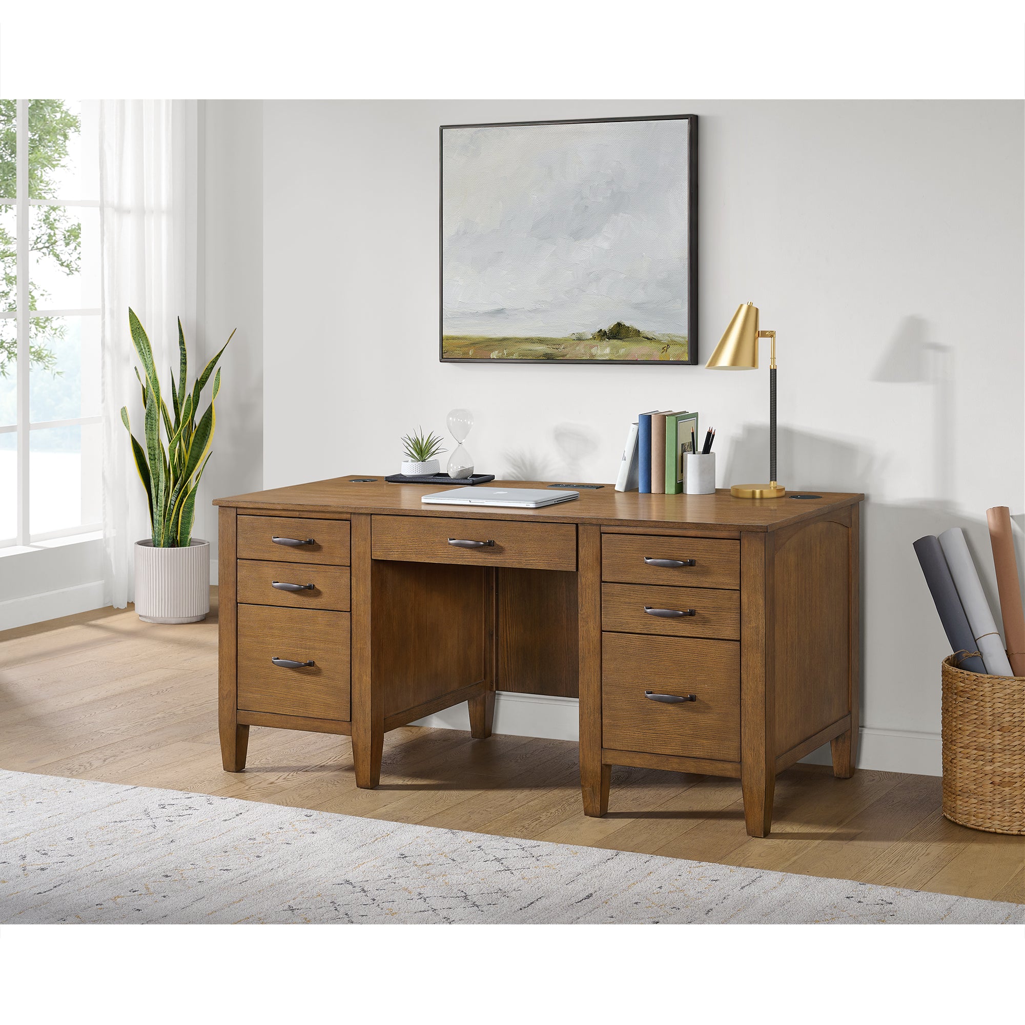Portico Double Pedestal Desk With Power/Usb In Brown Oak