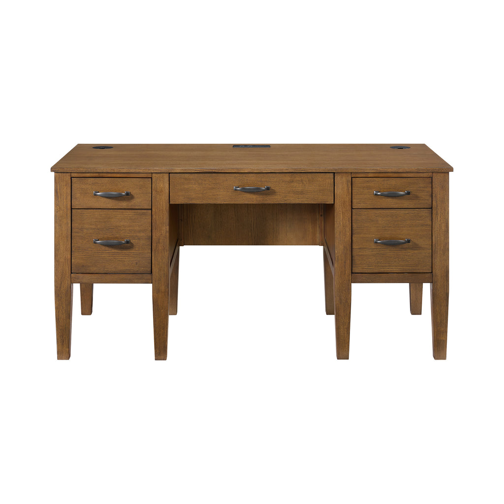 Portico Half Pedestal Desk With Power/Usb In Brown Oak