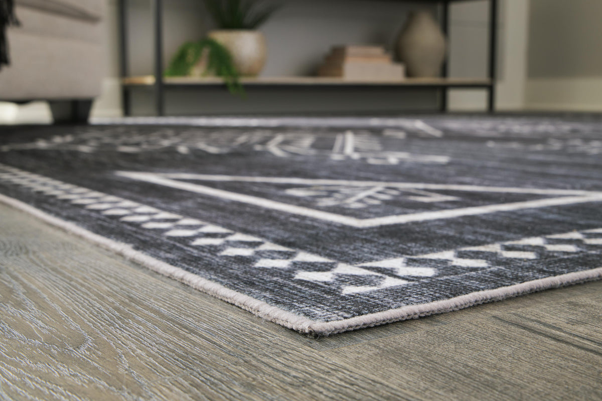 Arloman 5' x 7' Washable Rug in Black/Cream/Gray, detail view
