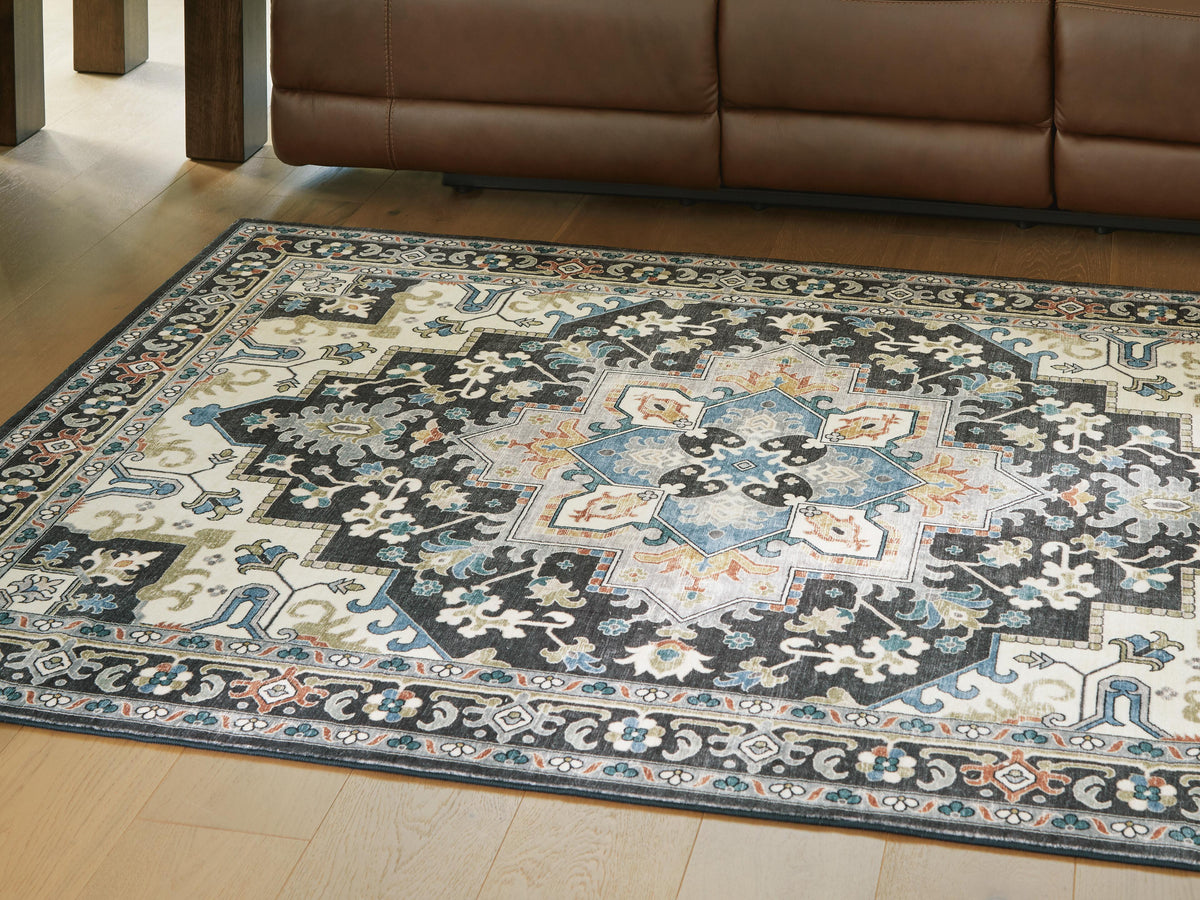 Leningston 5' x 7' Washable Rug in Black/Cream/Blue, lifestyle view