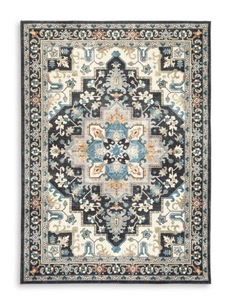 Leningston 5' x 7' Washable Rug in Black/Cream/Blue