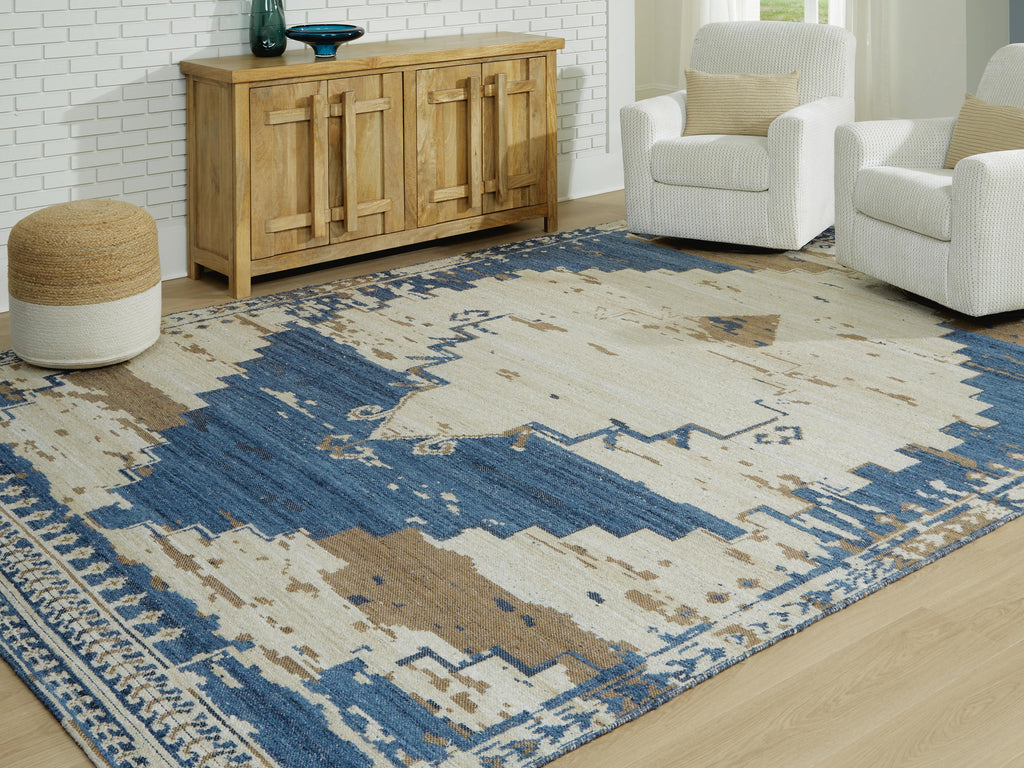 Varnler 10' x 14' Rug in Blue/Brown/Tan, lifestyle view