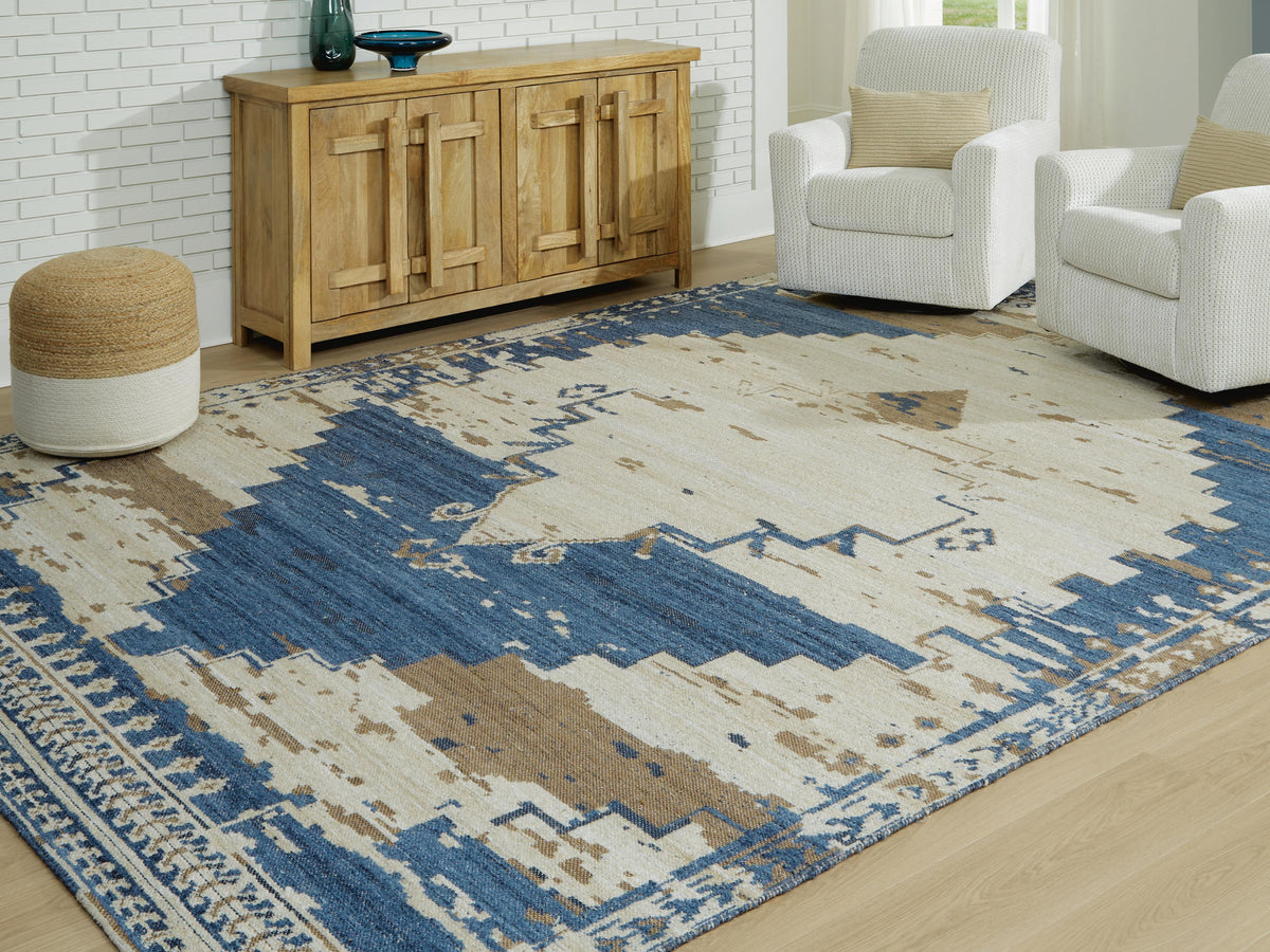 Varnler 10' x 14' Rug in Blue/Brown/Tan, lifestyle view