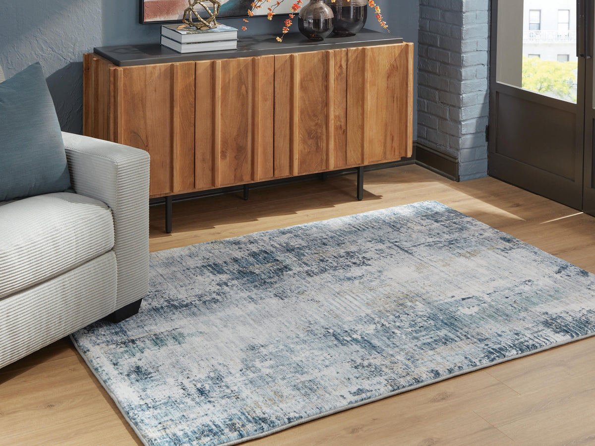 Arlenmont 5' x 7' Memory Foam Area Rug in Blue/White/Brown, lifestyle view