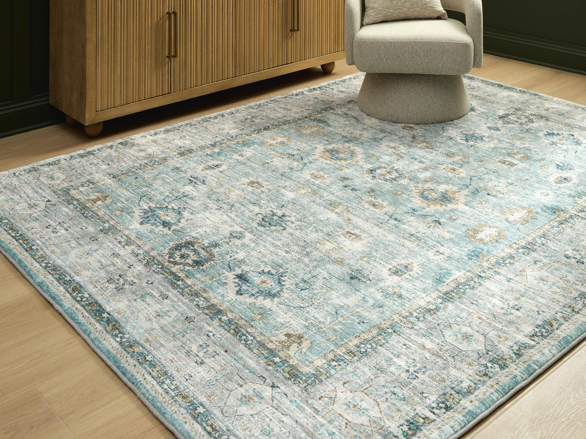 Ladstoney 7'6" X 9'6" Memory Foam Area Rug in Teal/Beige/Ochre, lifestyle view