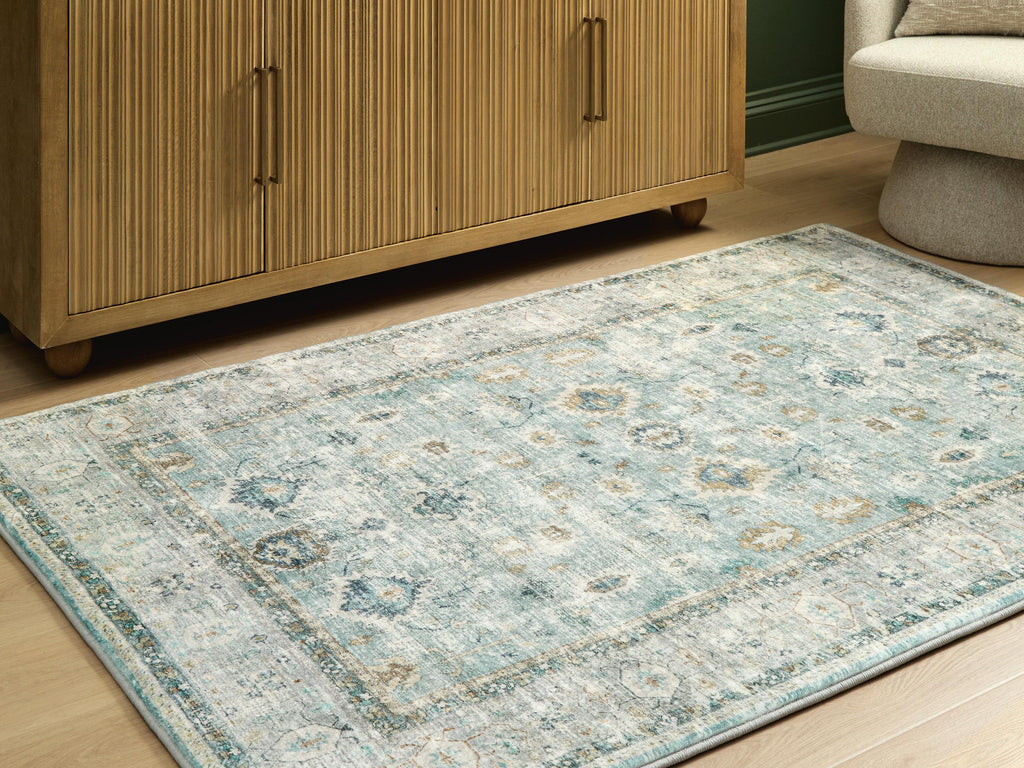 Ladstoney 5' x 7' Memory Foam Area Rug in Teal/Beige/Ochre, lifestyle view