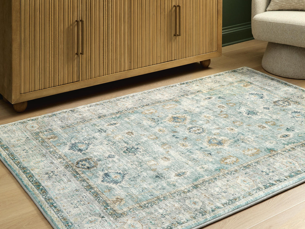Ladstoney 5' x 7' Memory Foam Area Rug in Teal/Beige/Ochre, lifestyle view