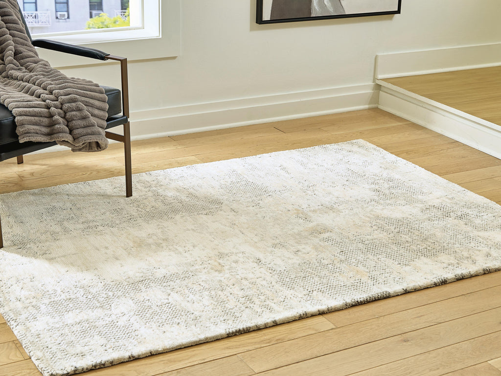 Raif Medium Rug in Gray/White/Cream, lifestyle view