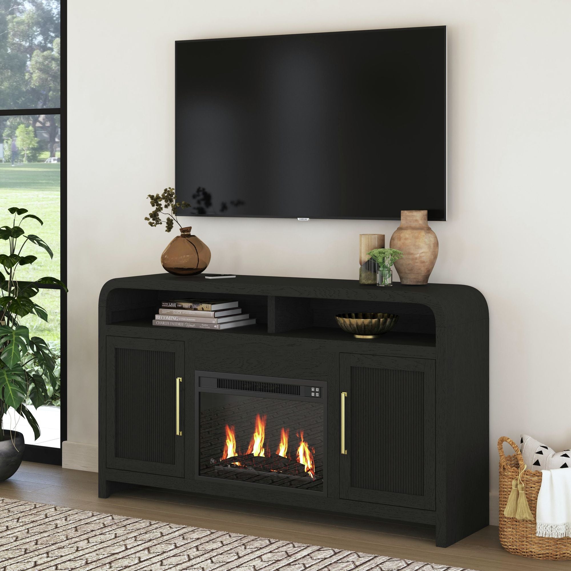 Ridgemont Complete 60" Fireplace Cabinet In Black With Grain - Single Pack
