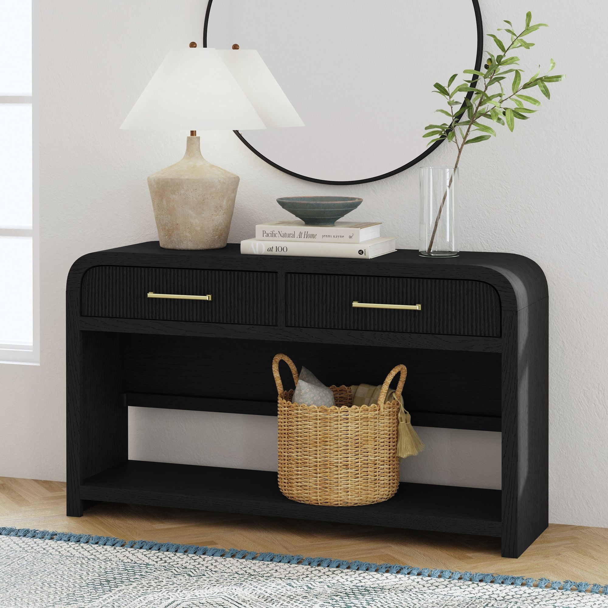 Ridgemont Sofa Table With Bottom Shelf In Black With Grain