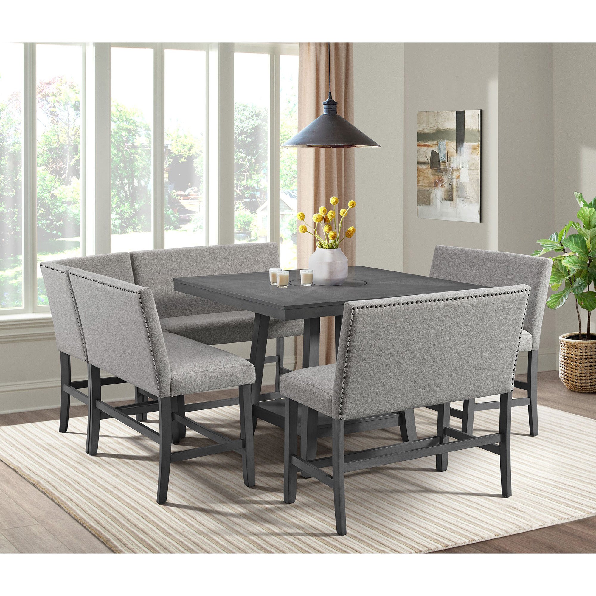Seneca Counter Bench With Upholstered Back And Grey Fabric In Grey