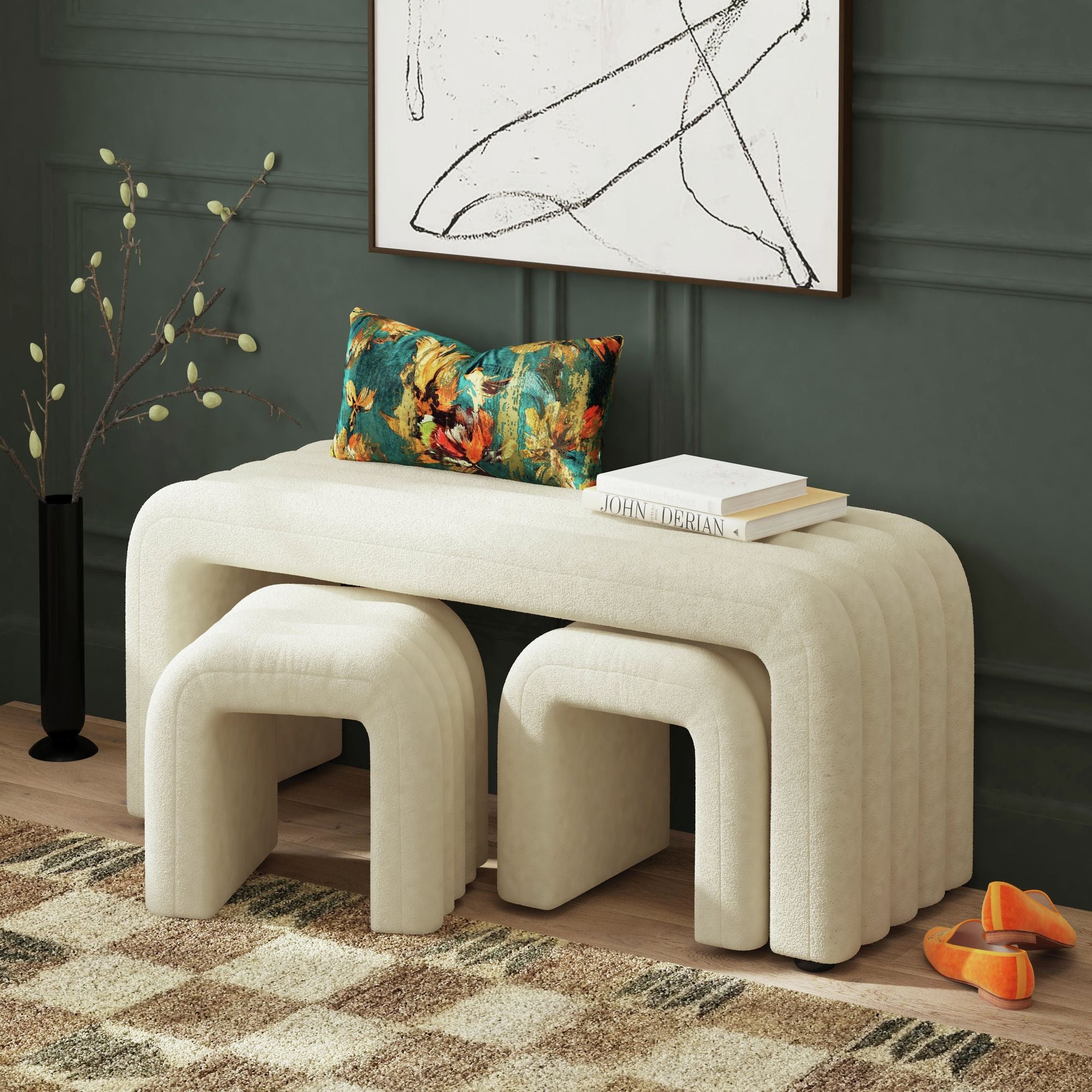 Seqouia Bench With 2 Stools In Ching Cream