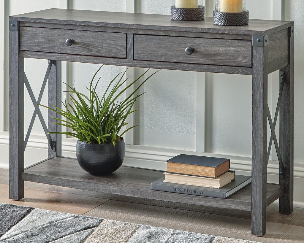 Freedan Sofa/Console Table in Grayish Brown, lifestyle view