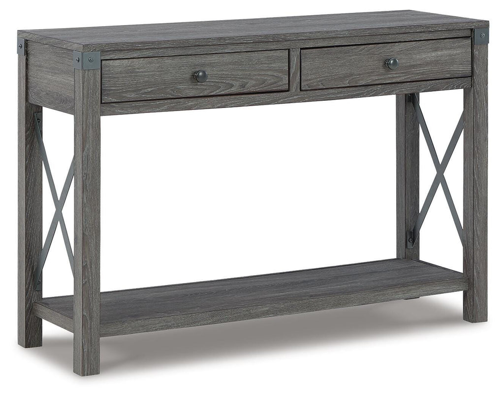 Freedan Sofa/Console Table in Grayish Brown, angle view