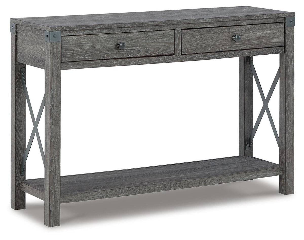 Freedan Sofa/Console Table in Grayish Brown, angle view