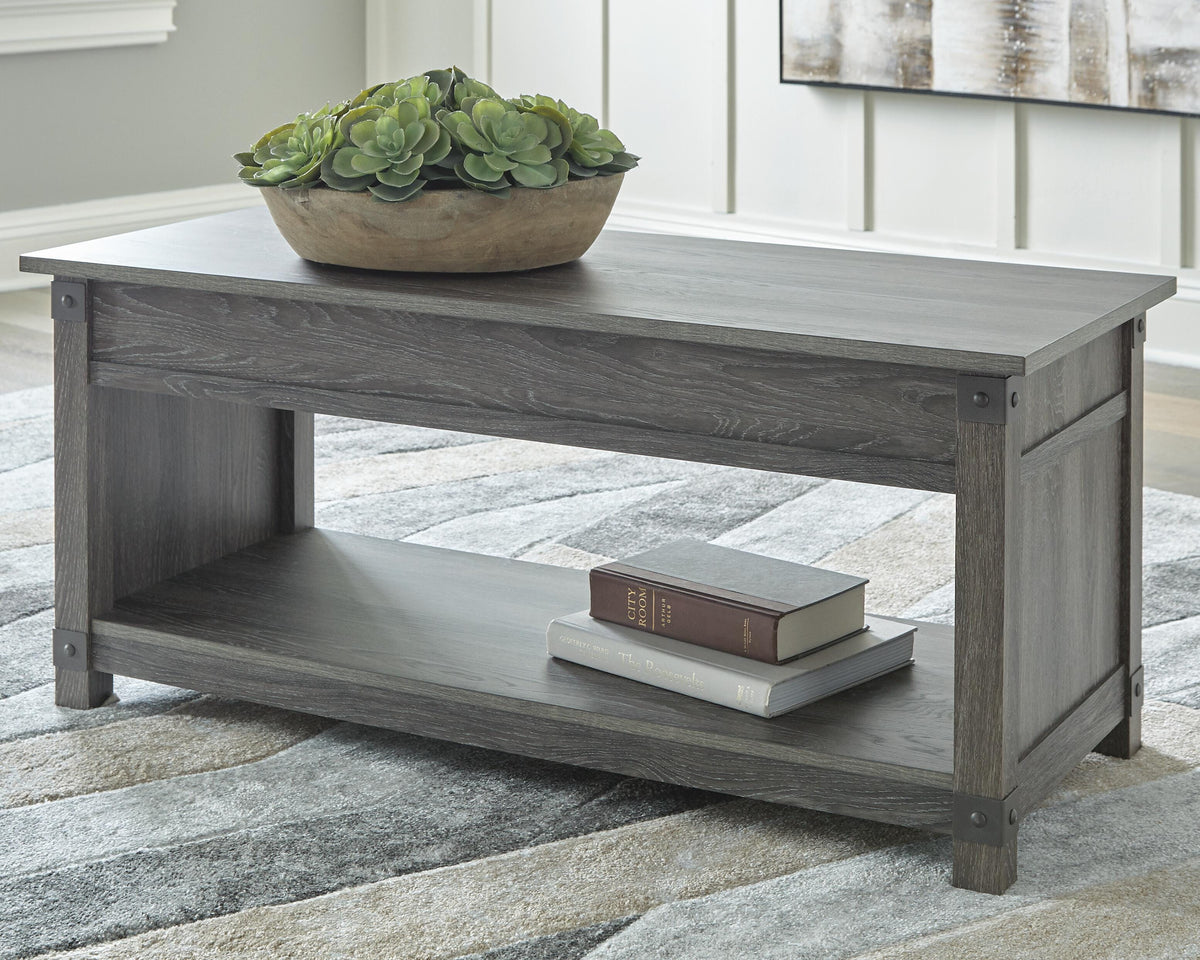 Freedan Lift-Top Coffee Table in Grayish Brown, lifestyle view