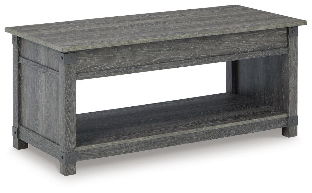 Freedan Lift-Top Coffee Table in Grayish Brown, closed view