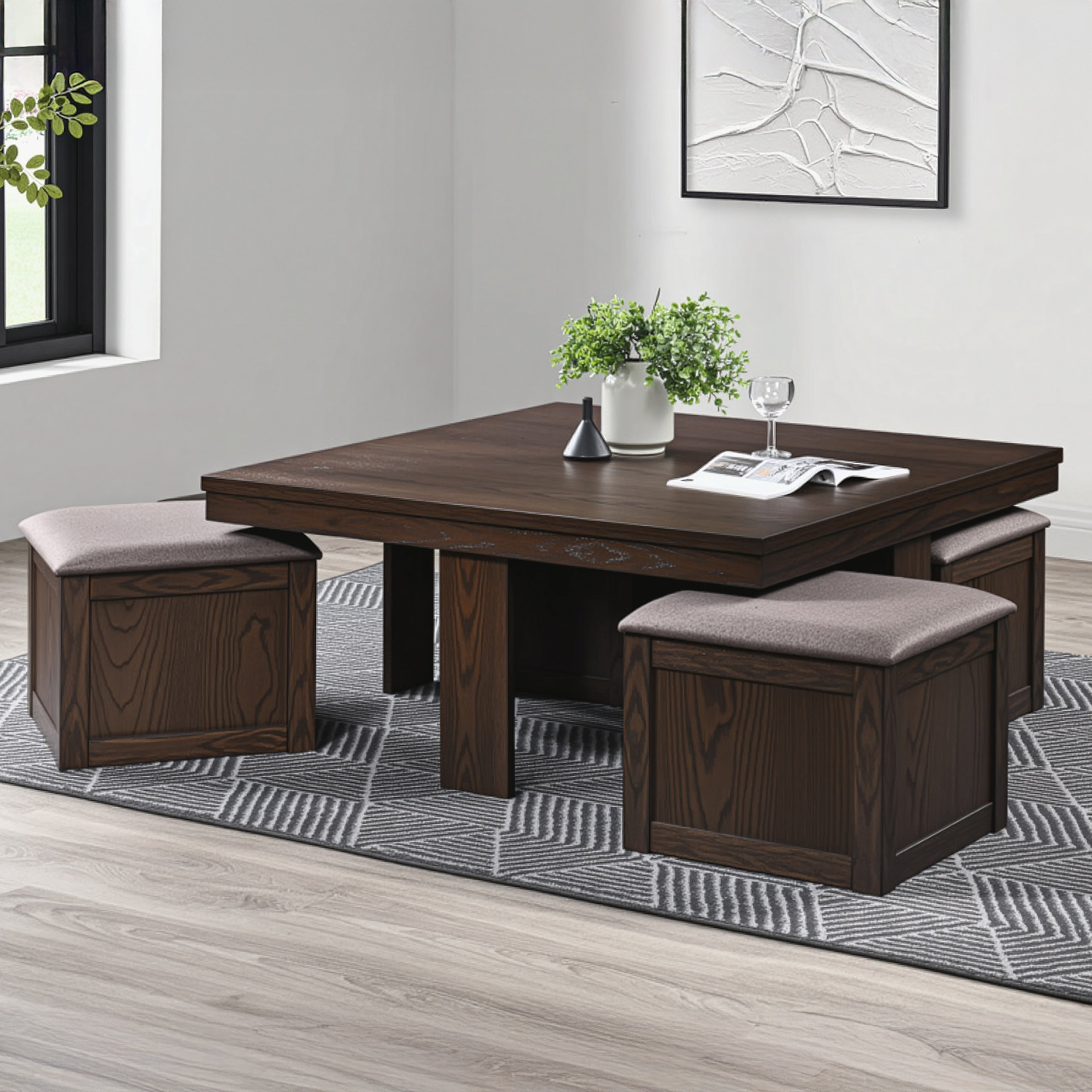 Paxton 5 Pc Storage Coffee Table W/ 4 Tuck-In Ottomans-Dk Bro