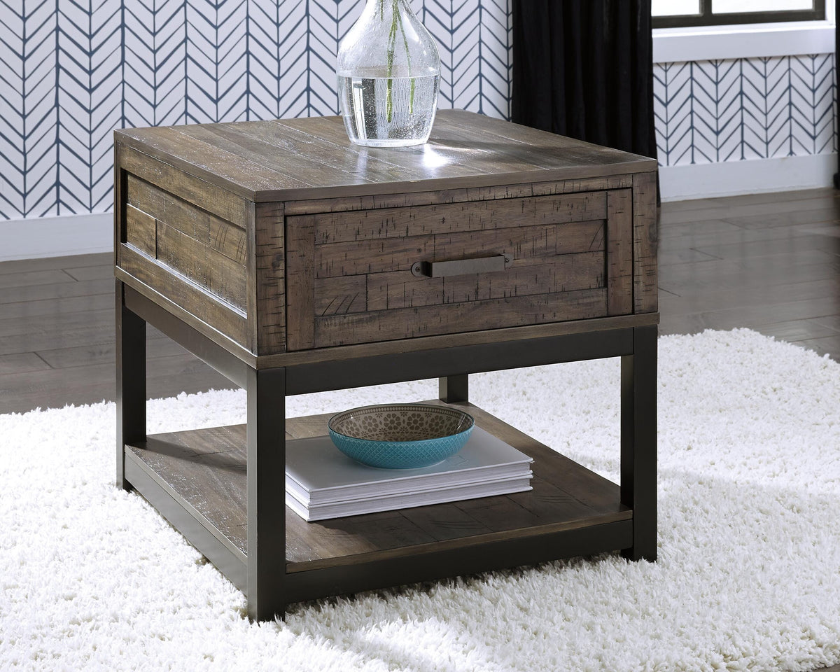 Johurst End Table in Grayish Brown, lifestyle view