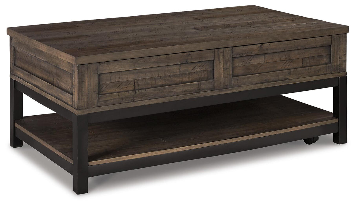 Johurst Coffee Table with Lift Top in Grayish Brown, back view
