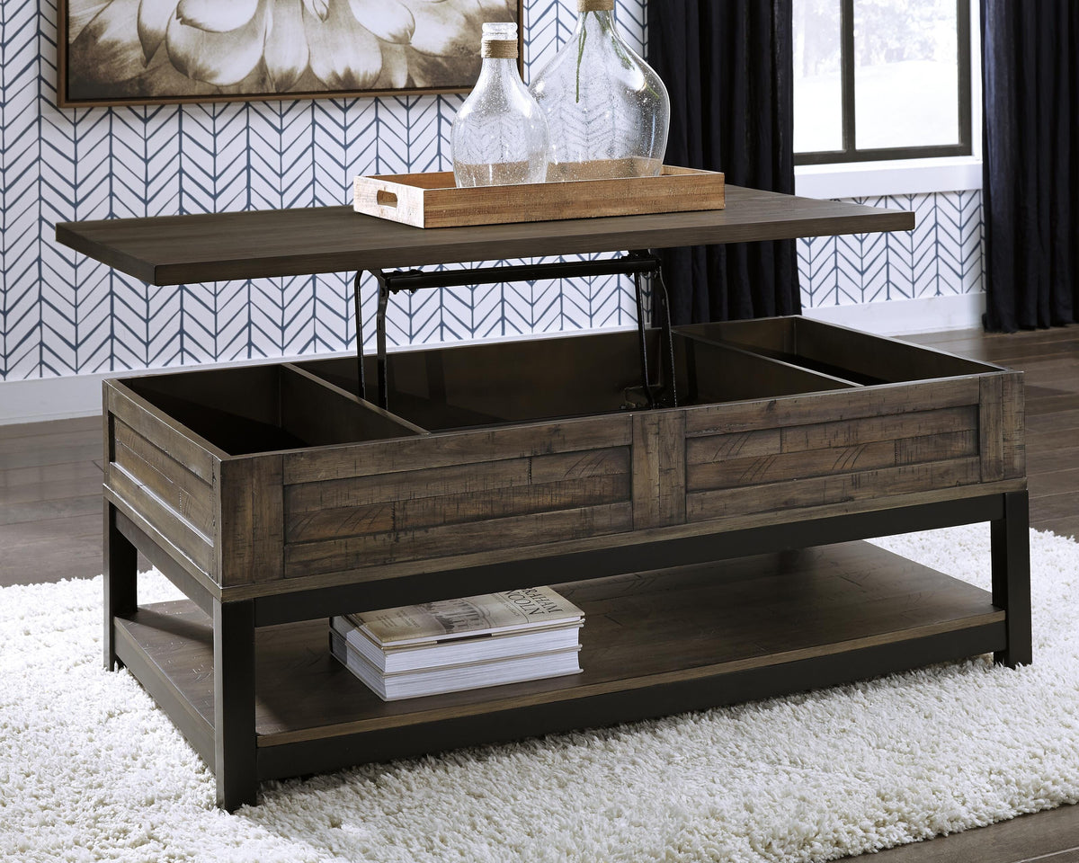 Johurst Coffee Table with Lift Top in Grayish Brown, open view