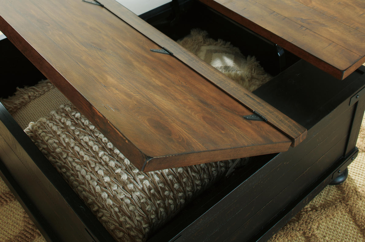 Valebeck Coffee Table with Lift Top in Black/Brown, detail view