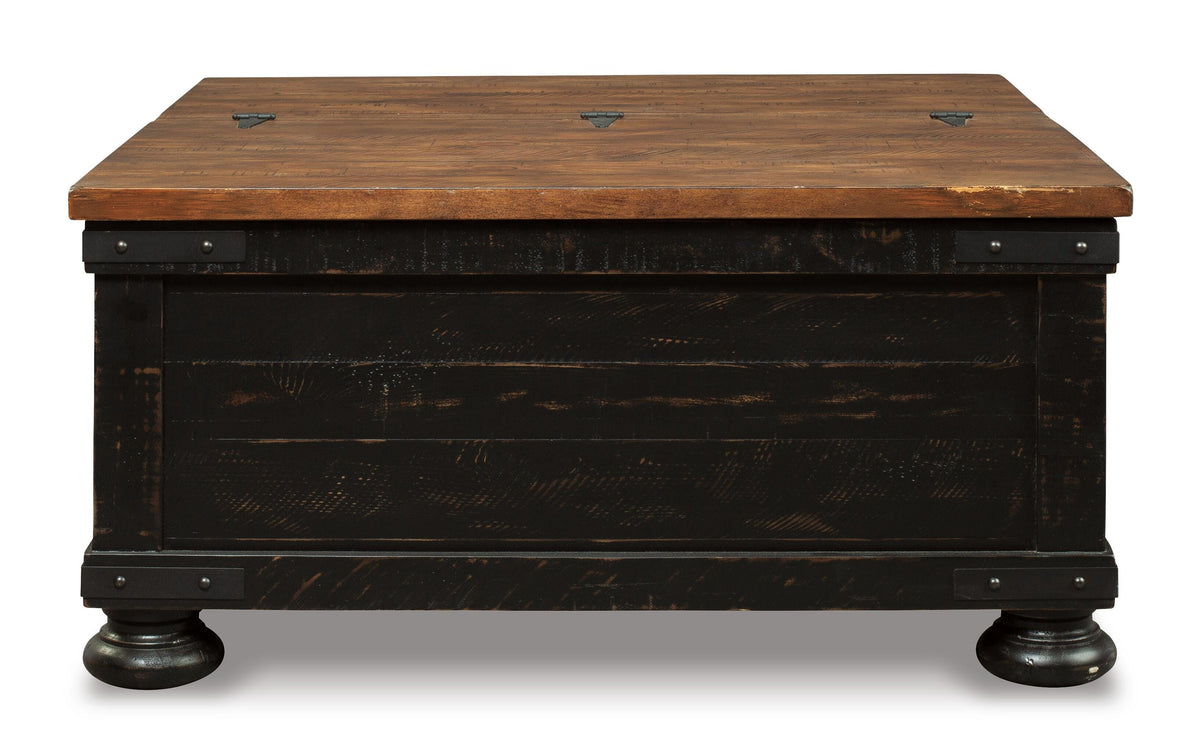 Valebeck Coffee Table with Lift Top in Black/Brown, front view
