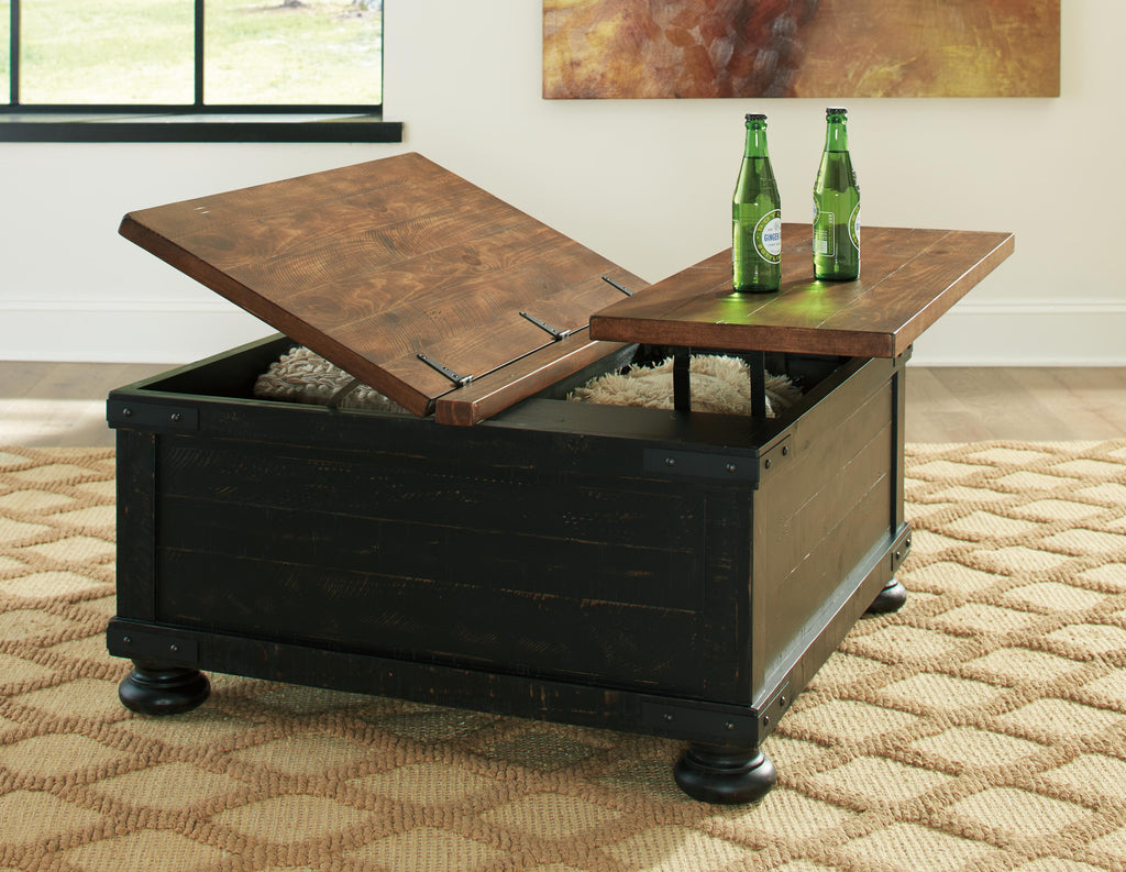 Valebeck Coffee Table with Lift Top in Black/Brown, open view