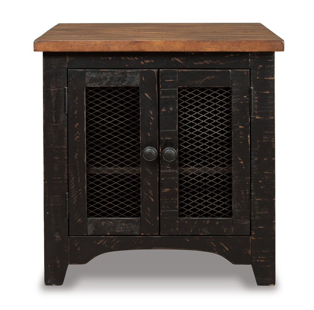 Valebeck End Table in Black/Brown, front view