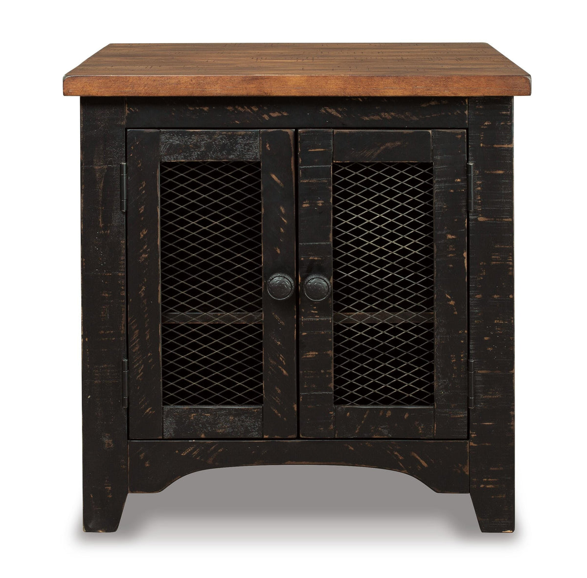 Valebeck End Table in Black/Brown, front view