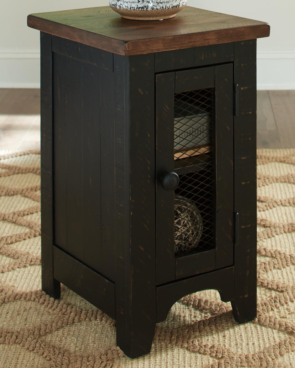 Valebeck Chairside End Table in Black/Brown, lifestyle view