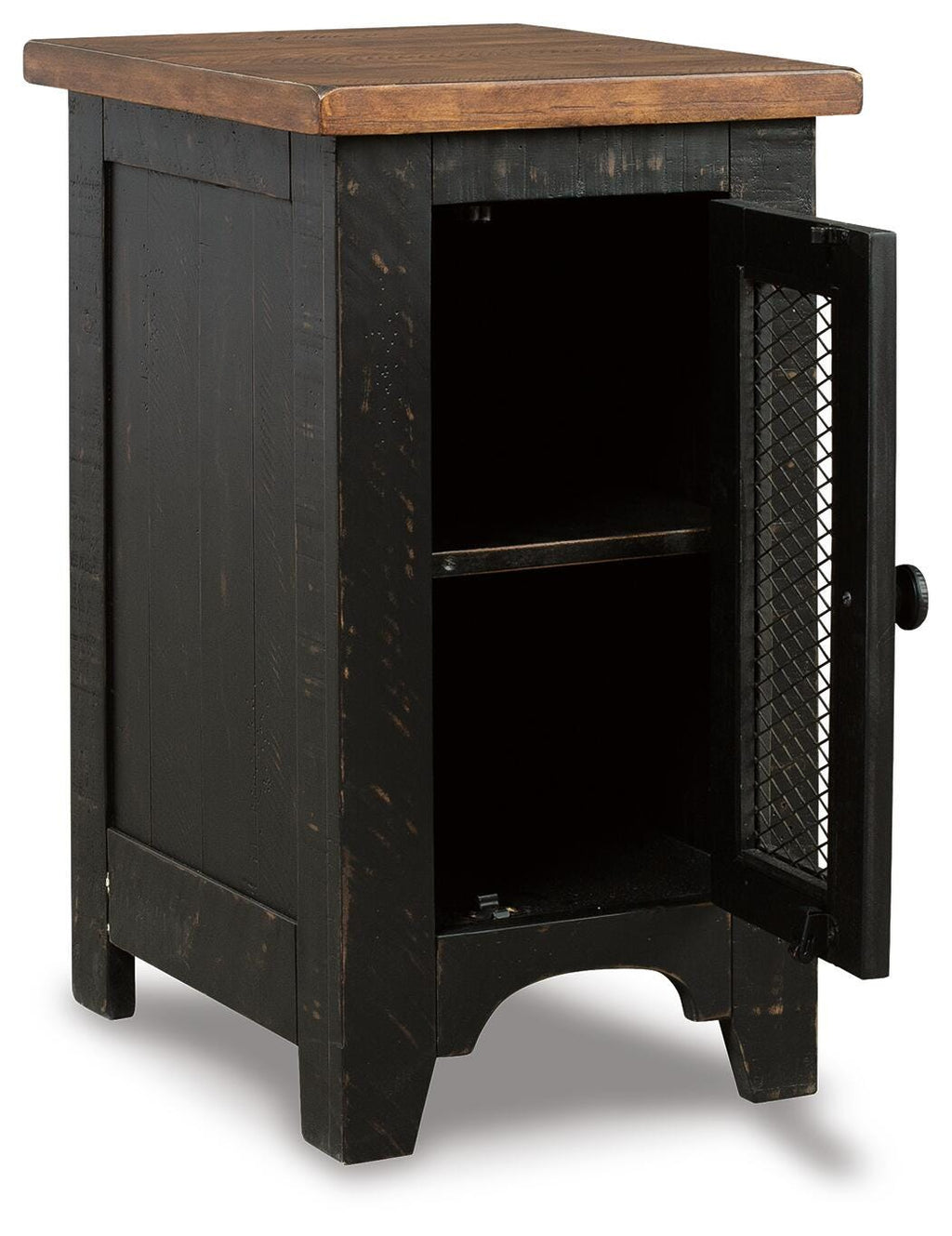 Valebeck Chairside End Table in Black/Brown, open view