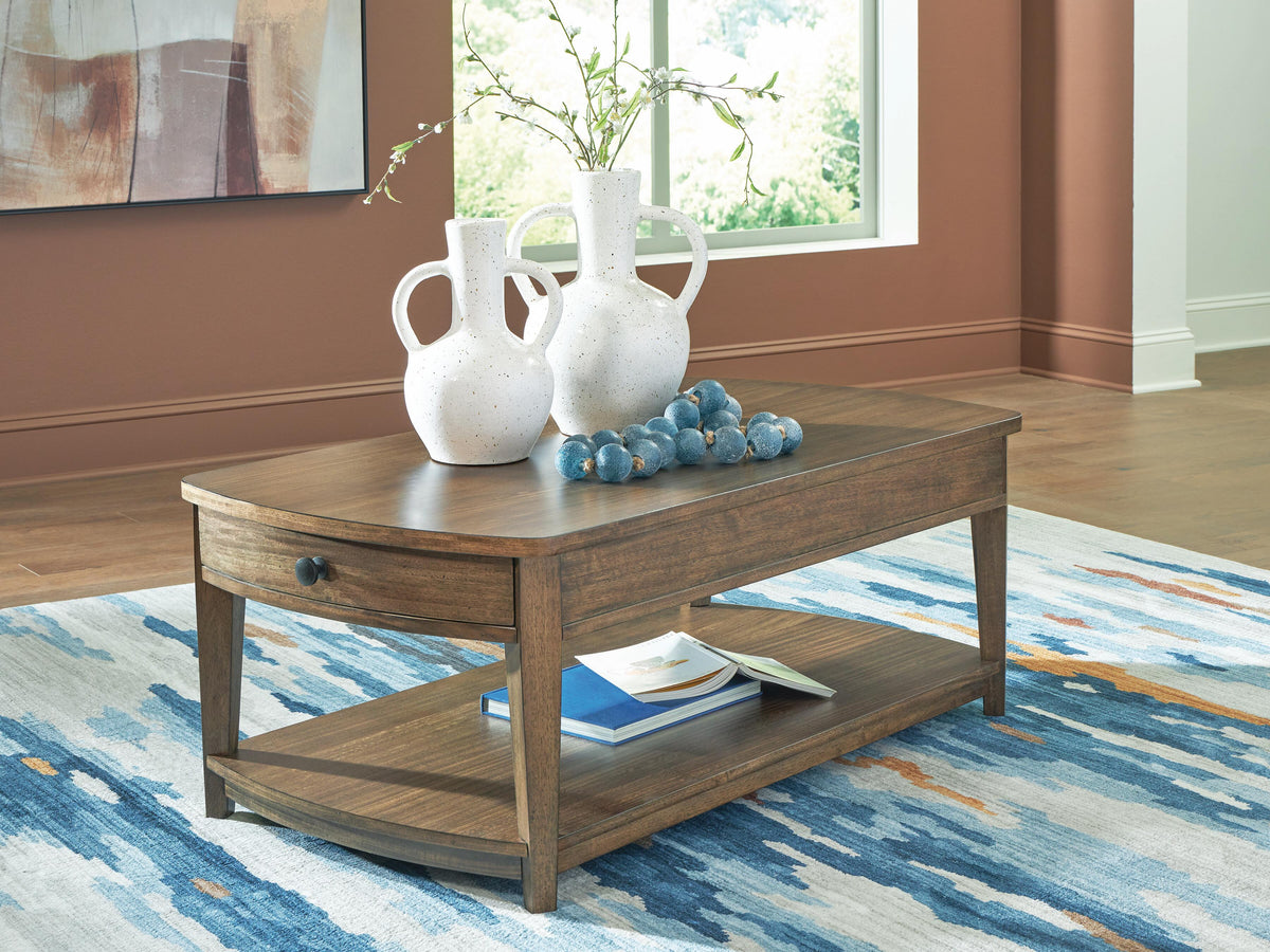 Burkbyer Coffee Table in Brown, closed view