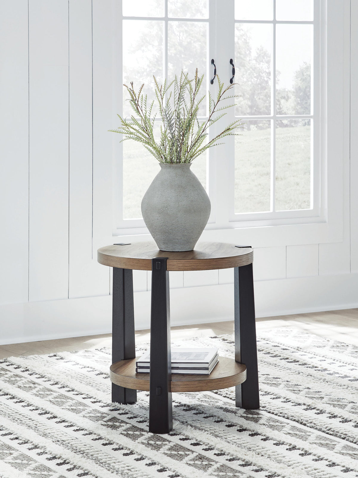 Ridgester End Table in Light Brown/Black, lifestyle view