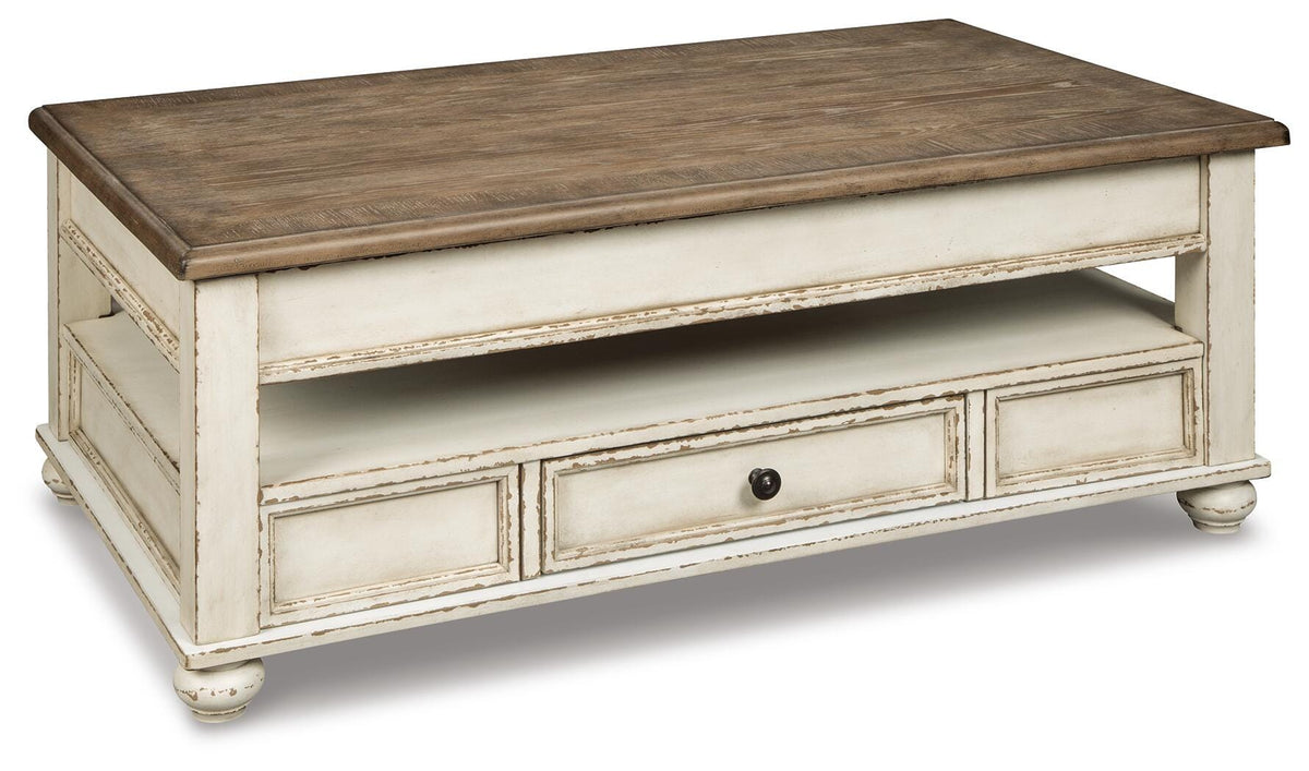 Realyn Coffee Table with Lift Top in White/Brown, closed view