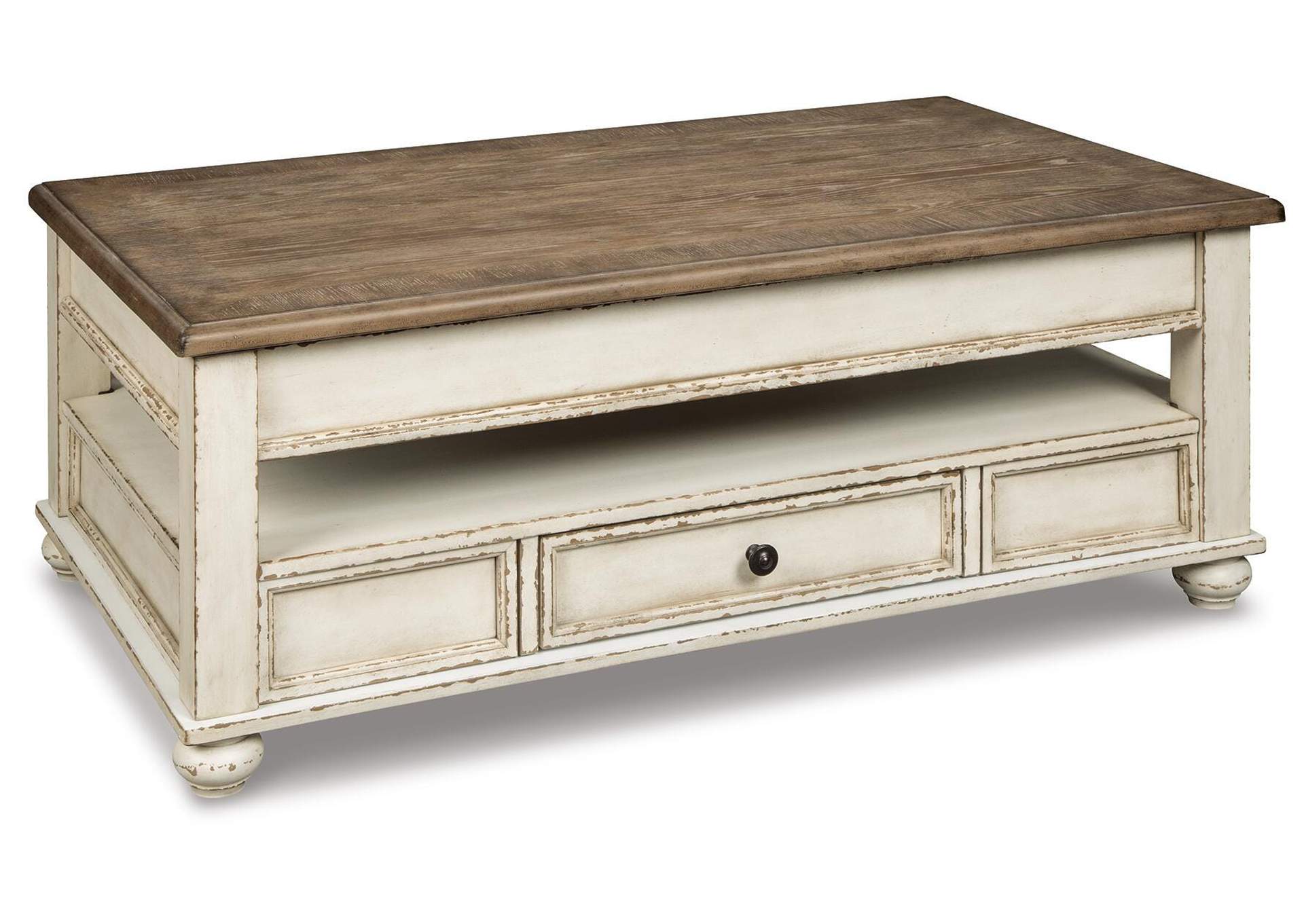 Realyn Coffee Table with 2 End Tables angled view
