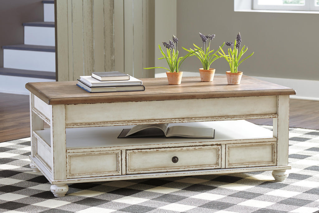 Realyn Coffee Table with Lift Top in White/Brown, closed view