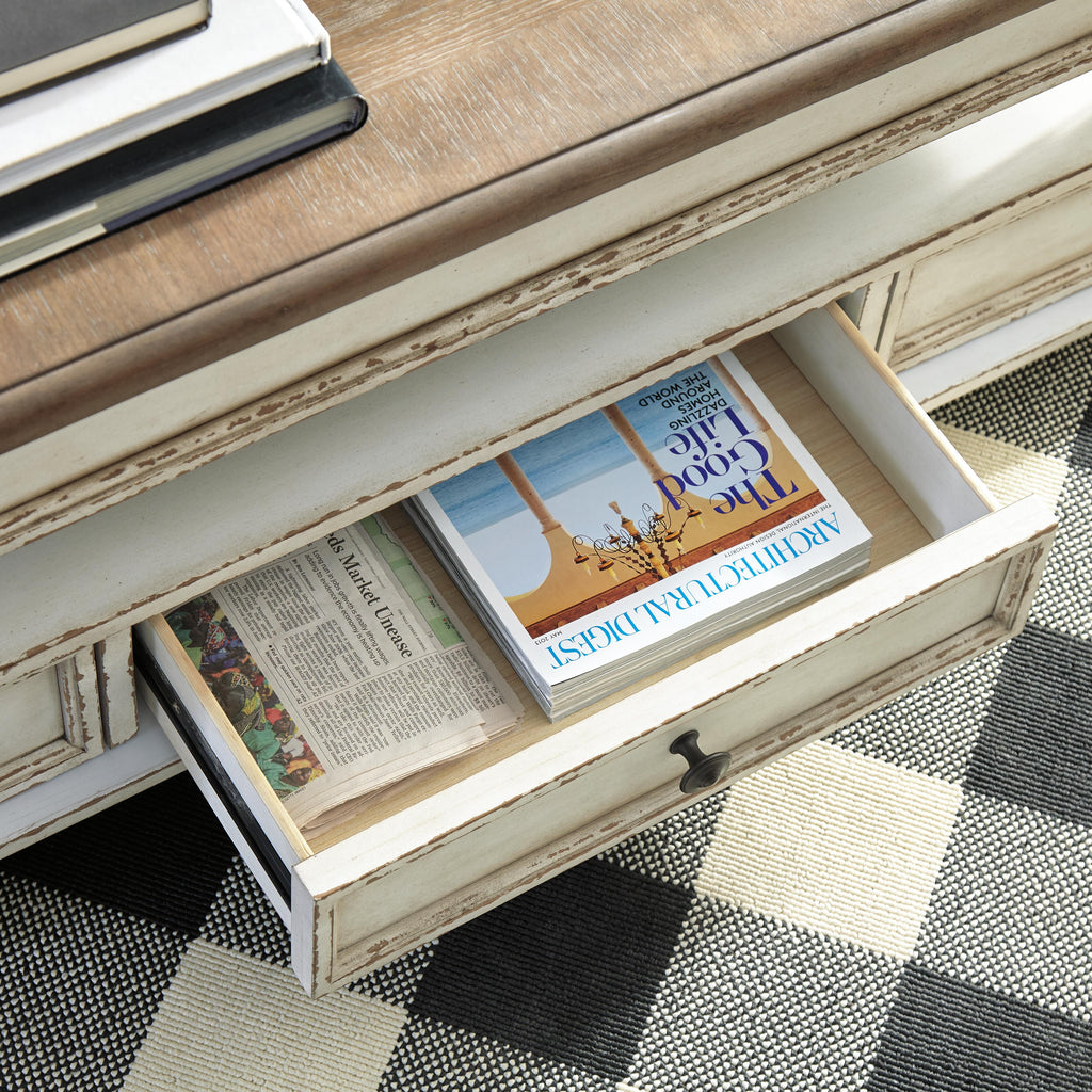 Realyn Coffee Table with Lift Top in White/Brown, detail view