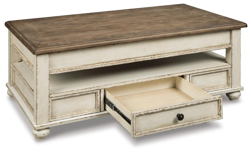 Realyn Coffee Table with Lift Top in White/Brown, open view