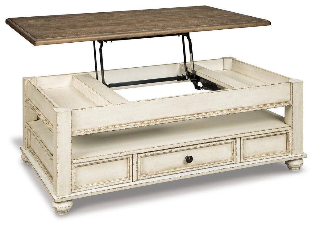 Realyn Coffee Table with Lift Top in White/Brown, open view