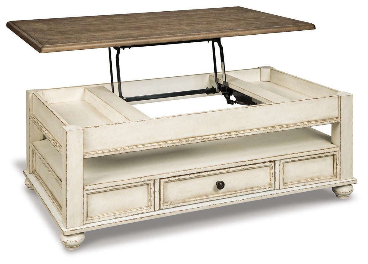 Realyn Coffee Table with Lift Top in White/Brown, open view