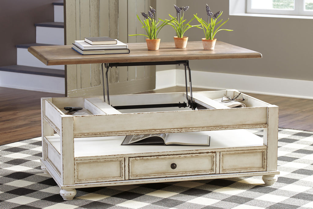 Realyn Coffee Table with Lift Top in White/Brown, open view