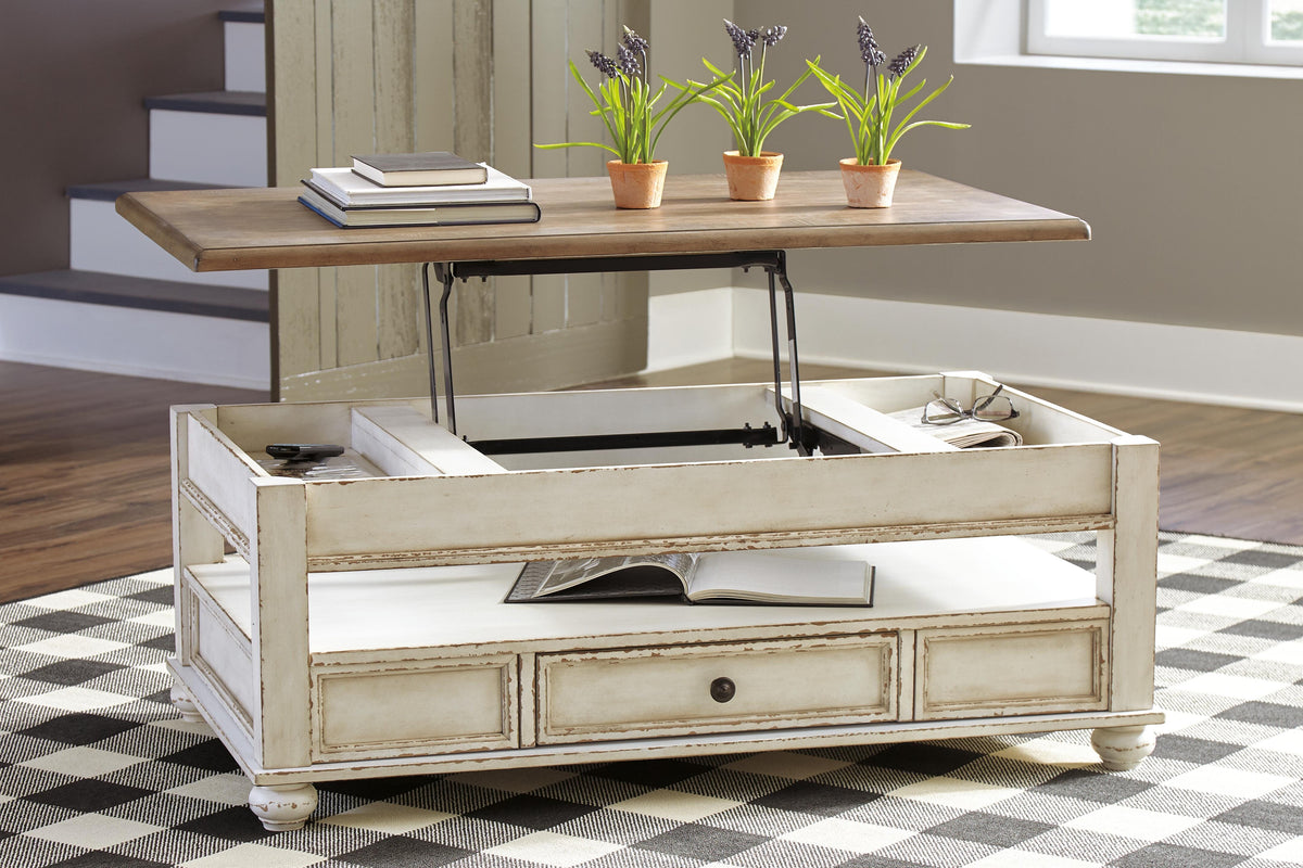 Realyn Coffee Table with Lift Top in White/Brown, open view