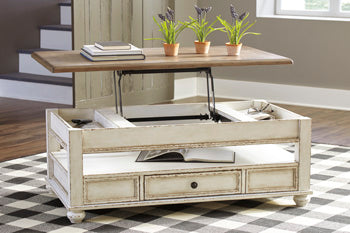 Realyn Coffee Table with Lift Top in White/Brown, open view