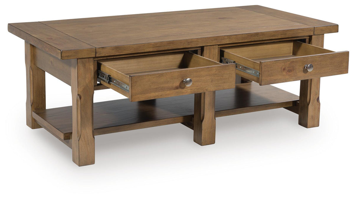 Vandenmore Coffee Table in Medium Brown, open view