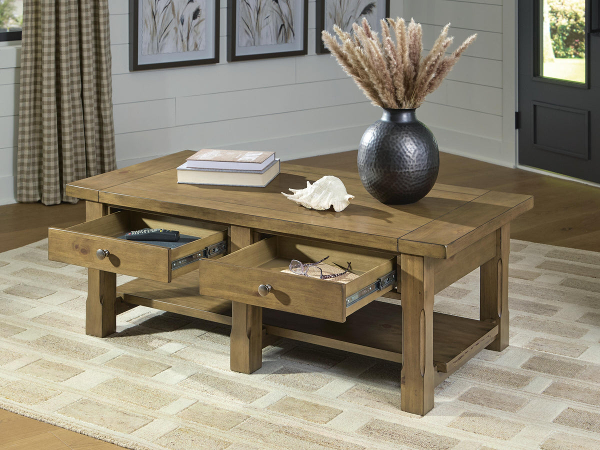 Vandenmore Coffee Table in Medium Brown, open view